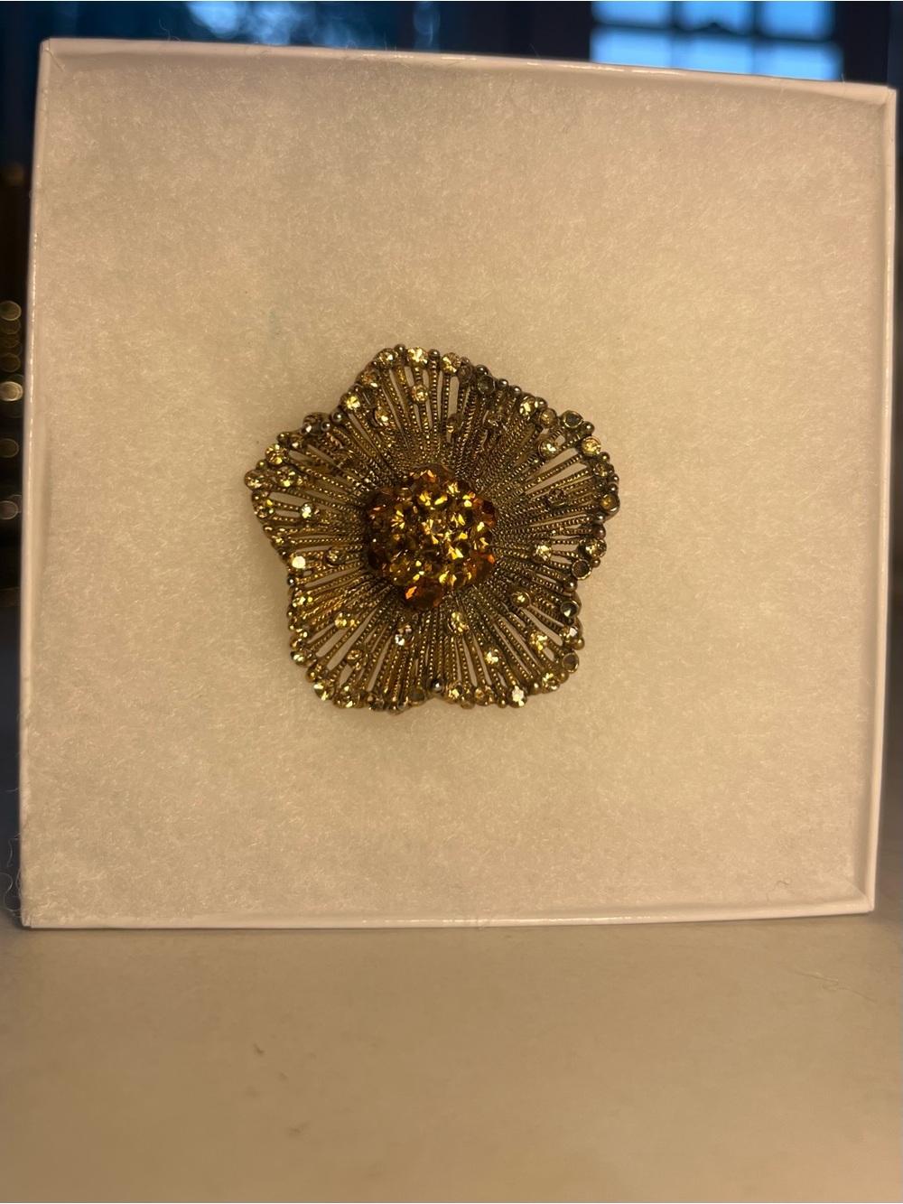 Gold Flower Brooch with Amber Crystals - Women Jewelry